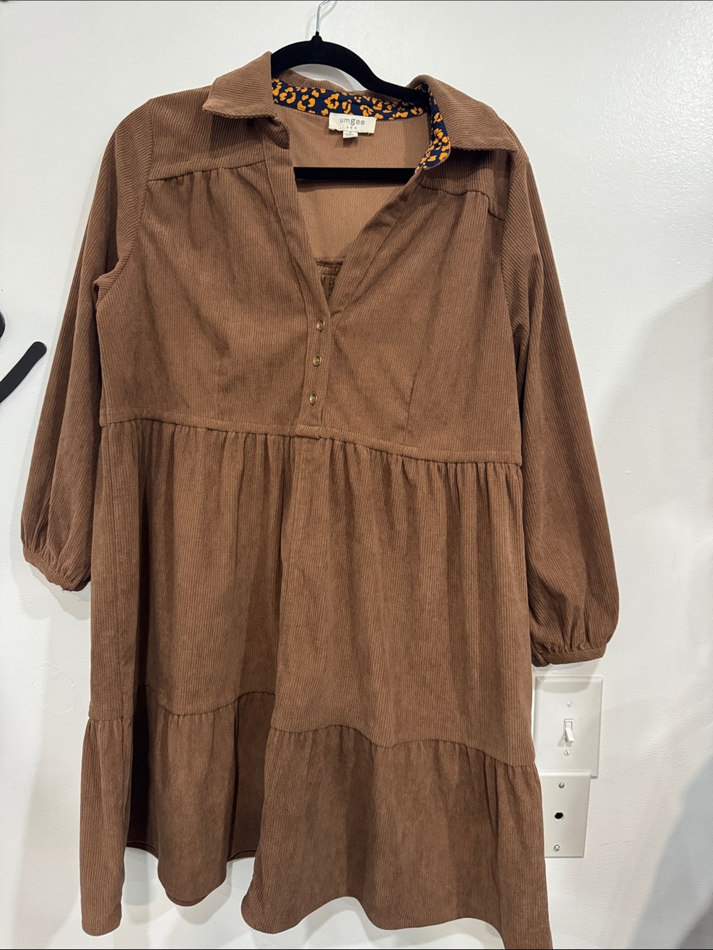 Umgee Brown Corduroy Tiered Popover Dress with Button Placket